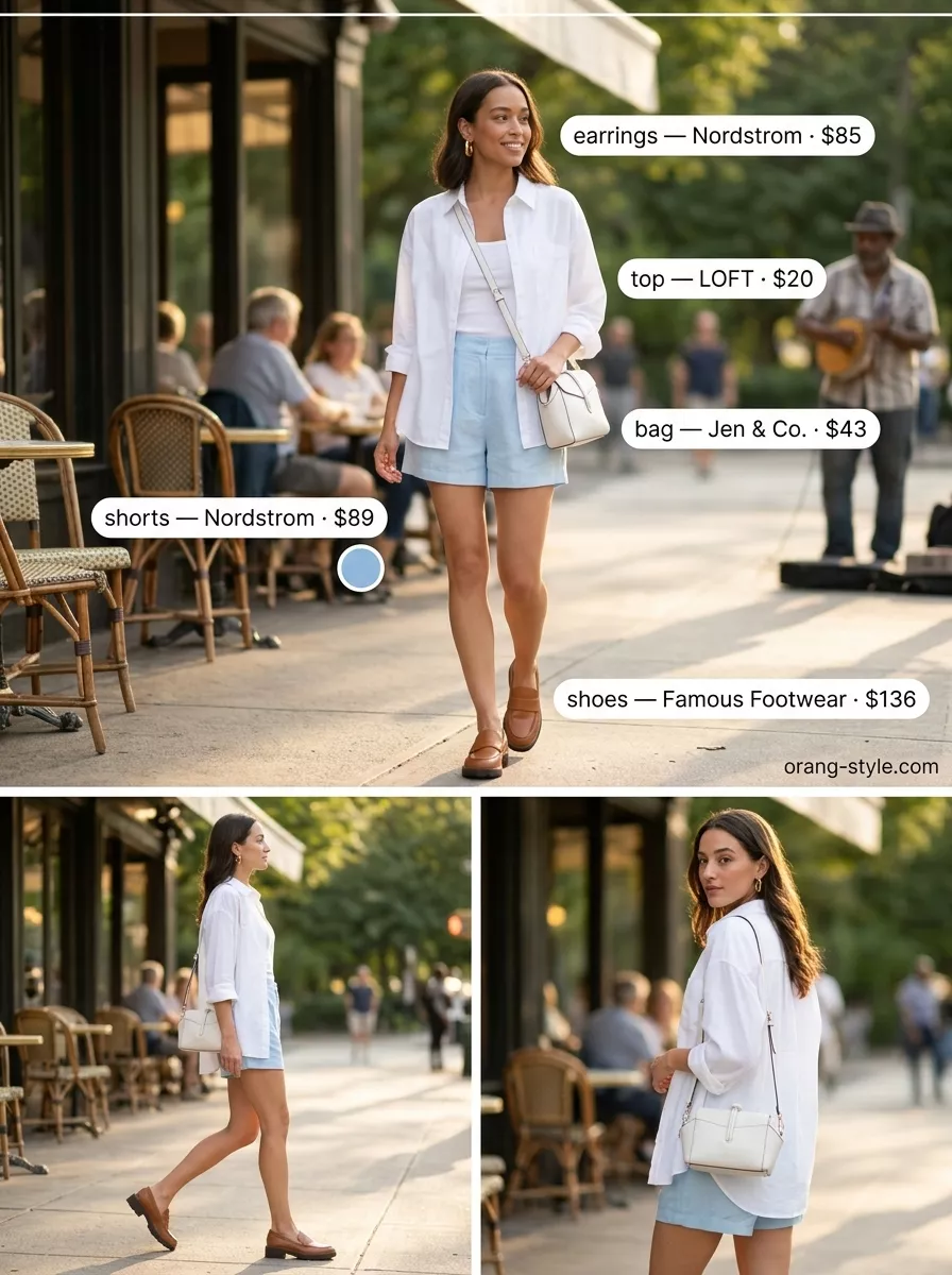 Easy Date Outfits Summer 2026: Picnic Shorts Easy date outfits summer for women 2026: Sky blue shorts, white shirt for picnic in the park.