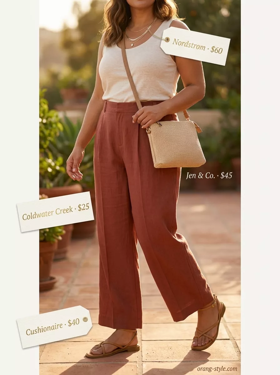 Easy Date Outfits Summer 2026: Terracotta Pants Easy date outfits summer for women 2026: Terracotta linen pants for a sunset soiree.