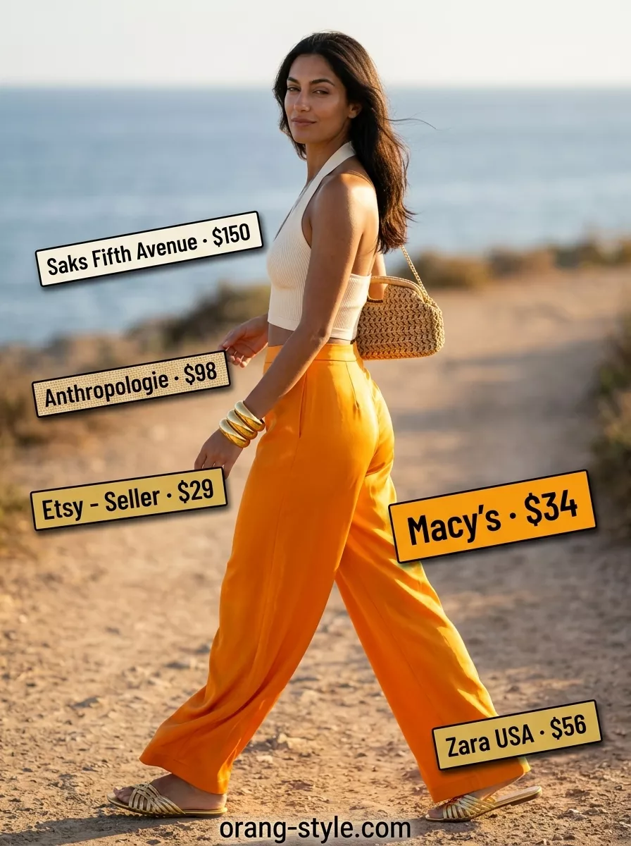Easy Date Outfits Summer 2026: Tropical Pants Easy date outfits summer for women 2026: Sunset orange pants for a tropical rendezvous.