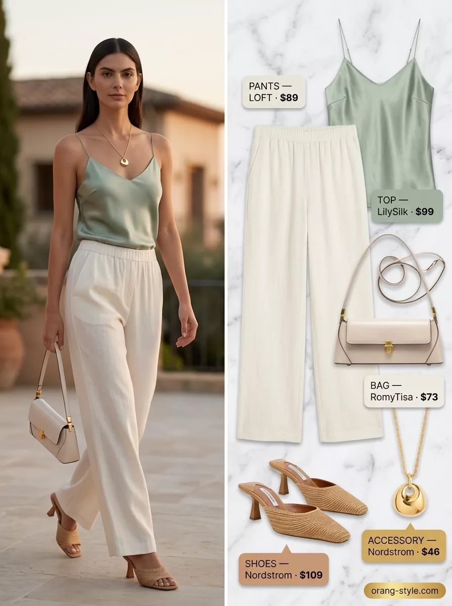 Chic Al Fresco Dinner Outfits 2026: Ivory Linen Pants Easy date outfits summer for women 2026: Ivory linen pants, sage camisole, and gold accessories for an al fresco dinner.