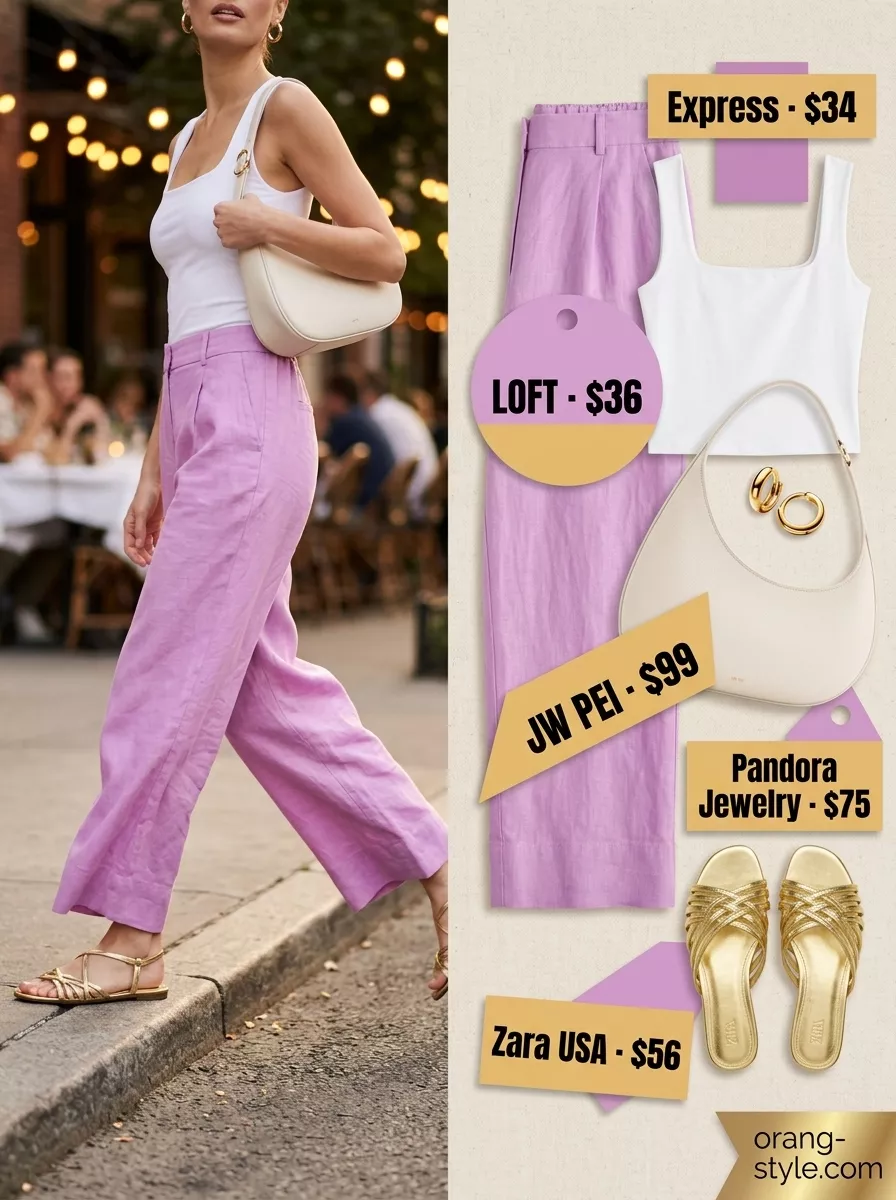 Effortless Evening Date Outfits 2026: Lavender Pants Easy date outfits summer for women 2026: Lavender linen pants, white tank, and gold sandals for an evening date.