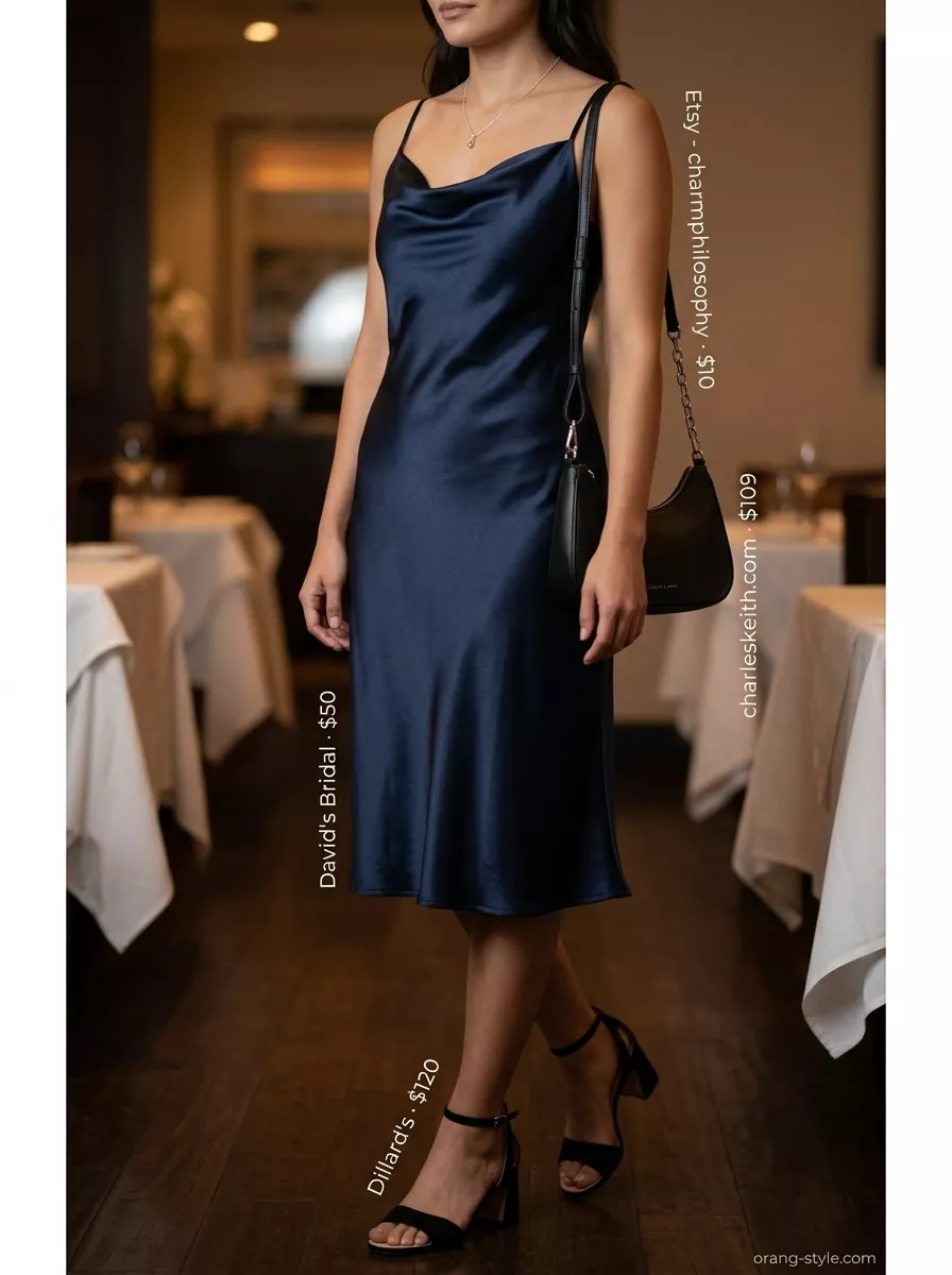 Romantic Dinner Outfits Summer 2026: Navy Slip Dress Easy date outfits summer for women 2026: Navy slip dress, black heels, and silver accessories for a romantic dinner.