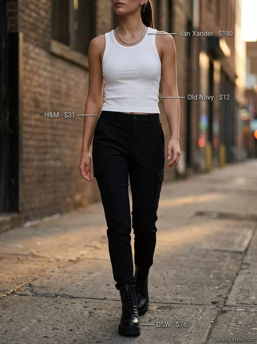 Elegant minimalist summer outfit 2026: Black cargo pants, white tank, combat boots, belt bag.