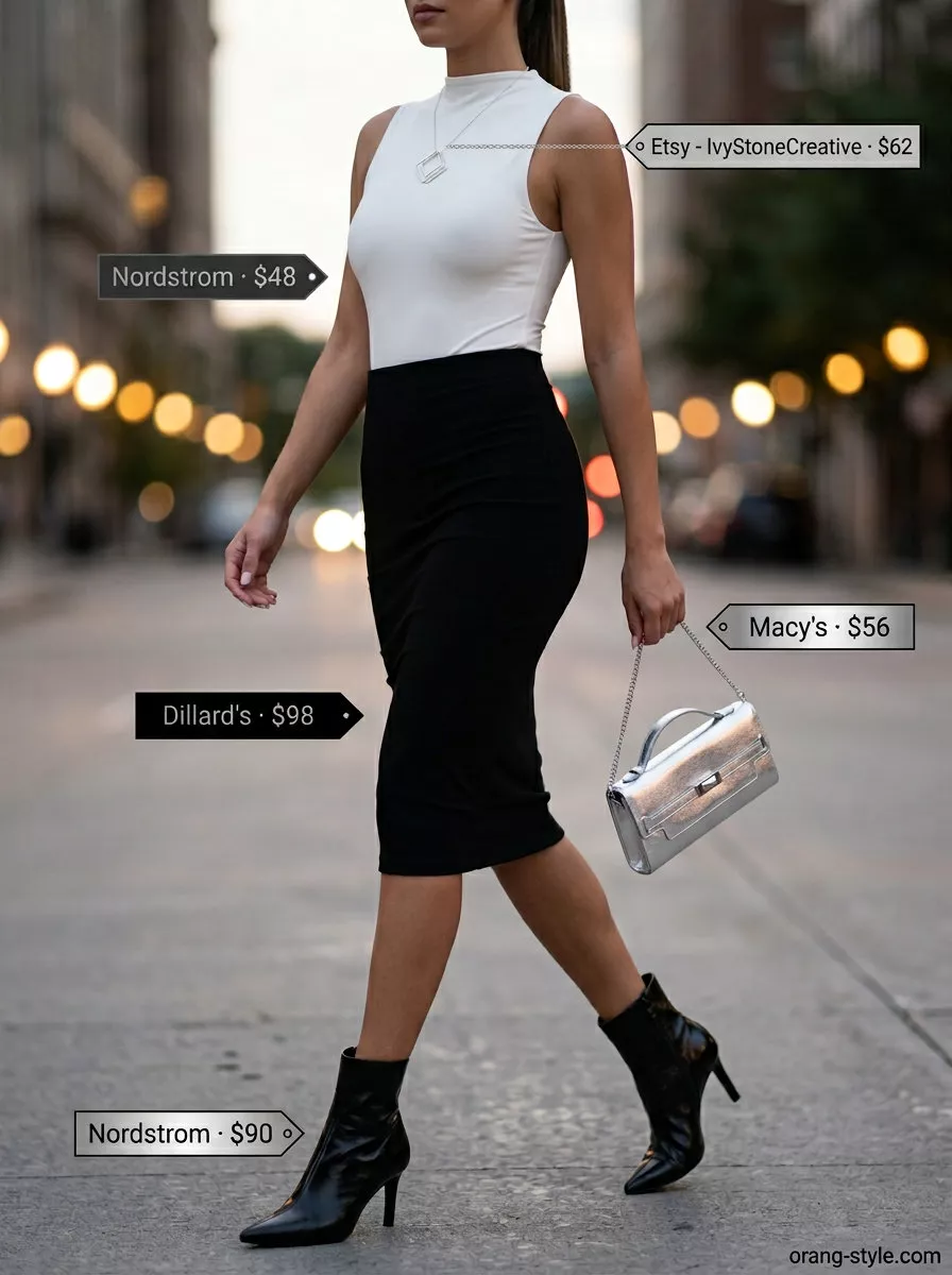 Elegant minimalist summer outfit 2026: Black midi skirt, white bodysuit, silver necklace & clutch, black boots.