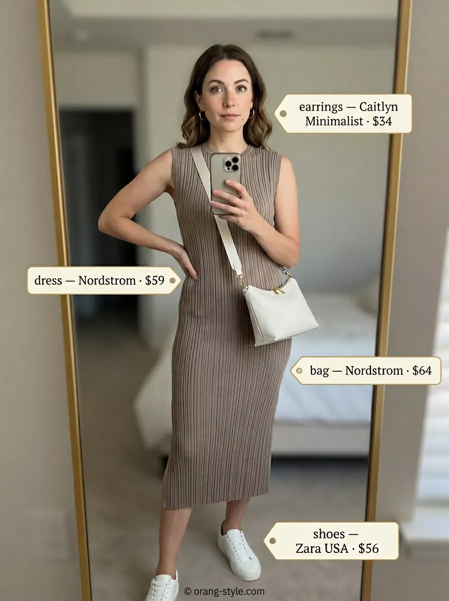 Elegant minimalist summer outfit 2026: Taupe knit midi dress, white sneakers, crossbody bag.