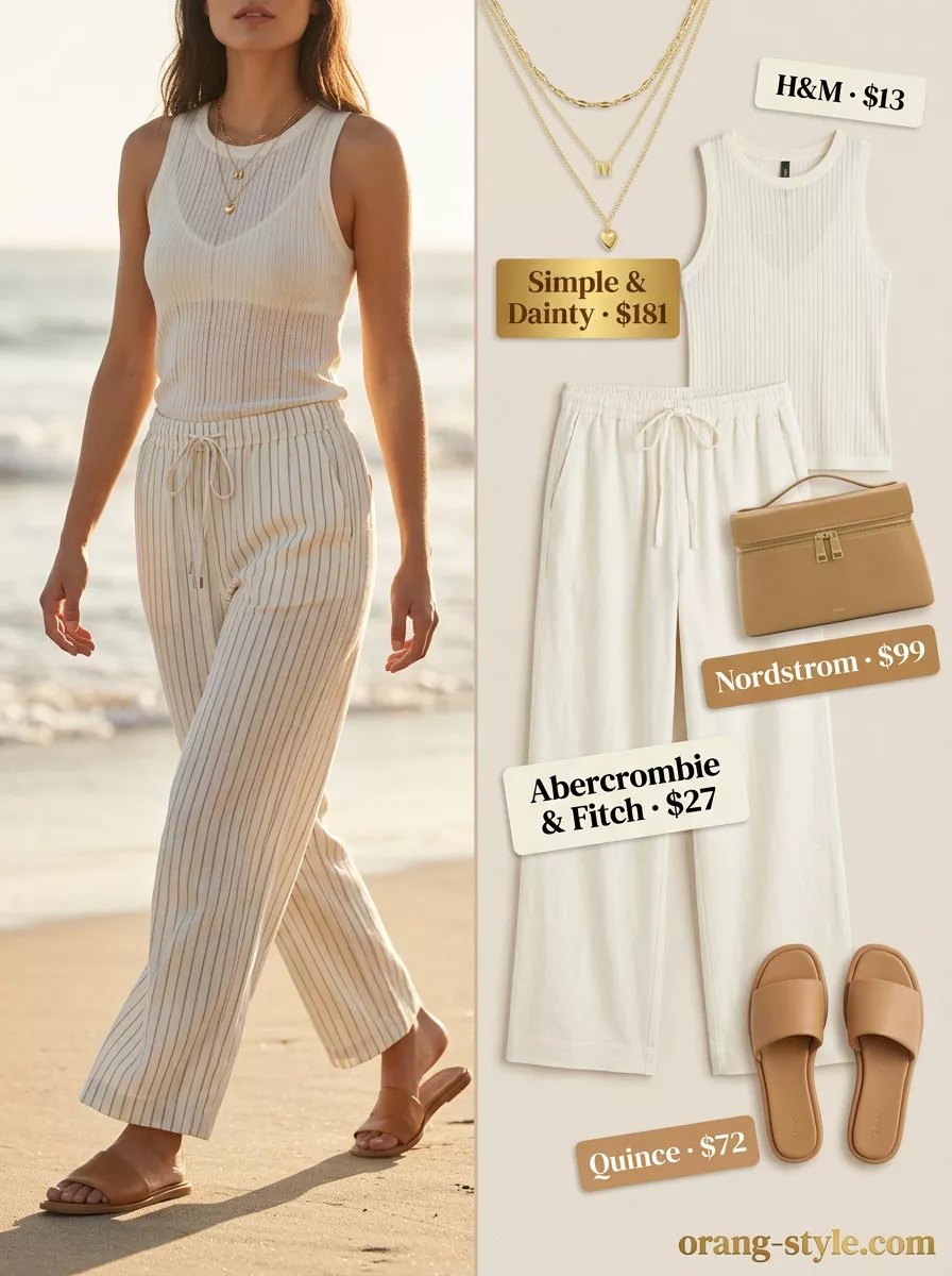 Elegant minimalist summer outfit 2026: Ivory linen pants, cream tank, leather slides, straw bag.