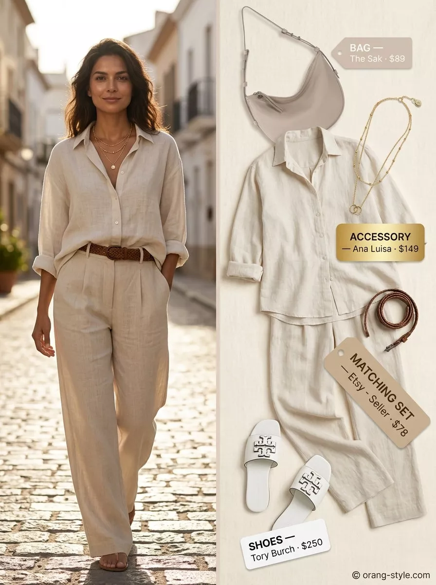 Elegant minimalist summer outfit 2026: Beige linen set, leather slides, gold necklaces, shoulder bag.