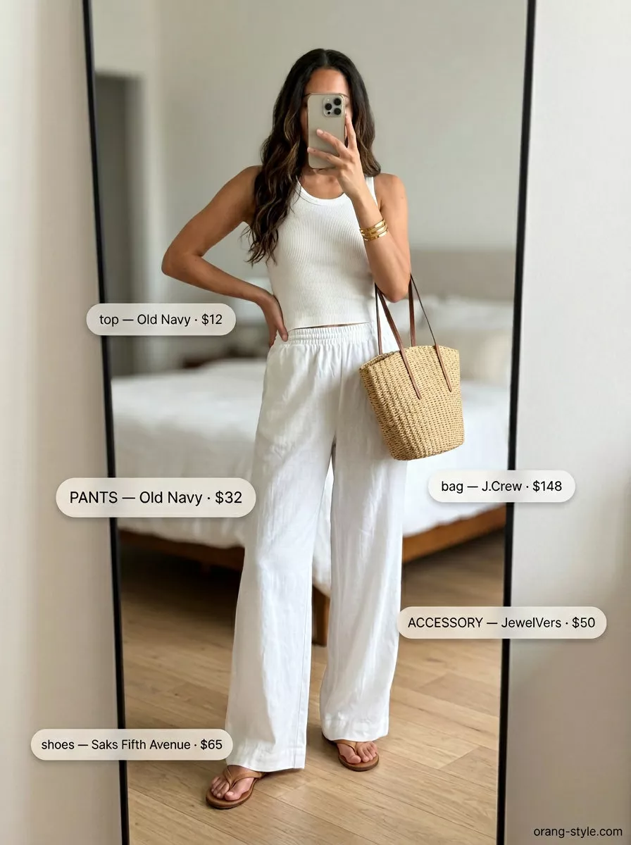Elegant minimalist summer outfit 2026: Cream linen trousers, white tank, straw tote, leather sandals.