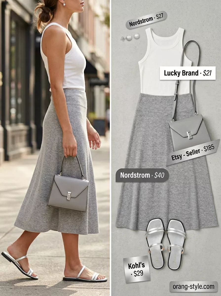 Elegant minimalist summer outfit 2026: Grey midi skirt, white tank, silver sandals & clutch.