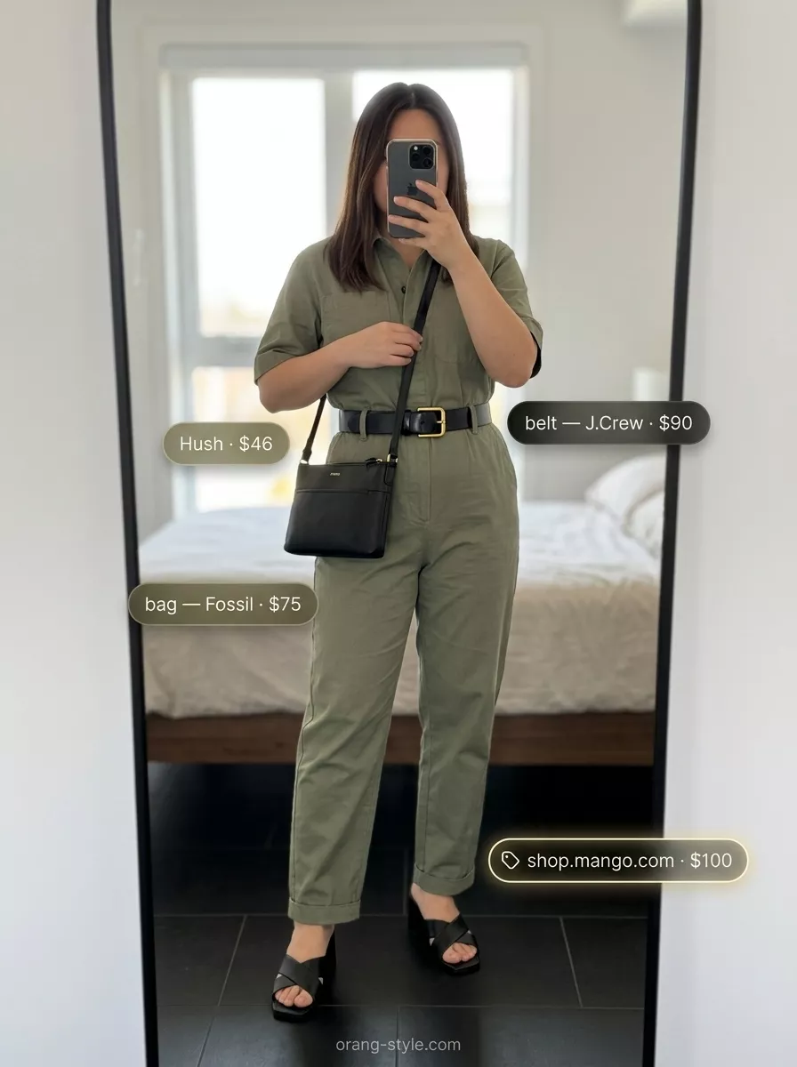 Elegant minimalist summer outfit 2026: Khaki utility jumpsuit, black belt, sandals & crossbody bag.