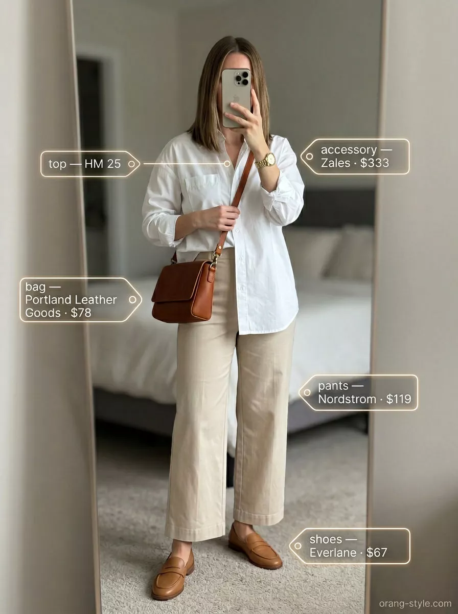 Elegant minimalist summer outfit 2026: Beige wide-leg trousers, white shirt, loafers, crossbody bag.