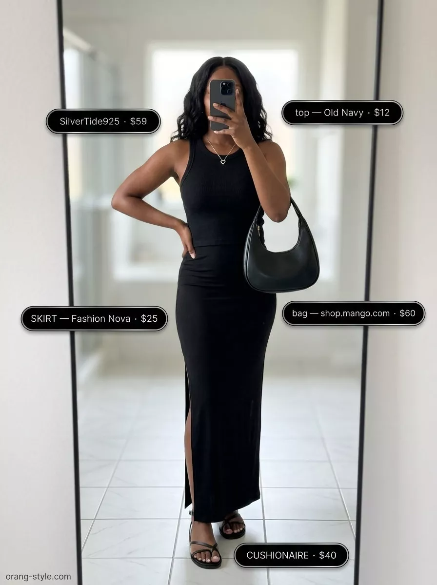 Effortless minimalist summer outfit: black maxi skirt, white tank, and silver jewelry for casual day out.