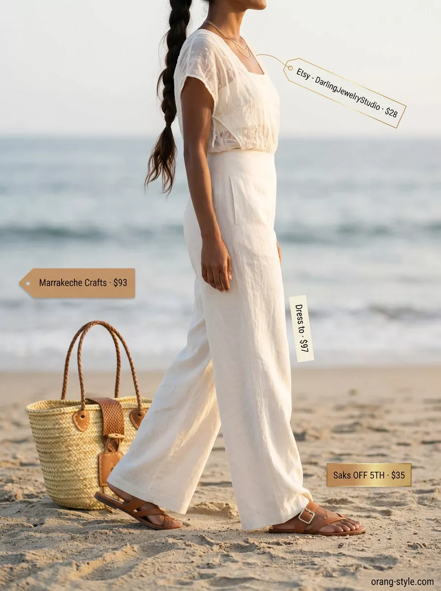 Elegant minimalist summer outfits for women 2026: Cream linen wide-leg pants and oversized shirt set with tan slides.