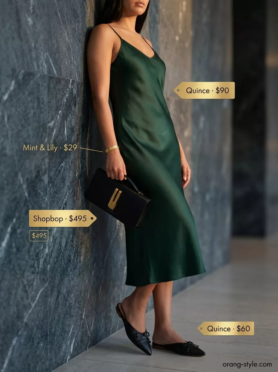 Elegant minimalist summer outfit 2026: Emerald green silk slip dress with gold jewelry and black mules for a date night.
