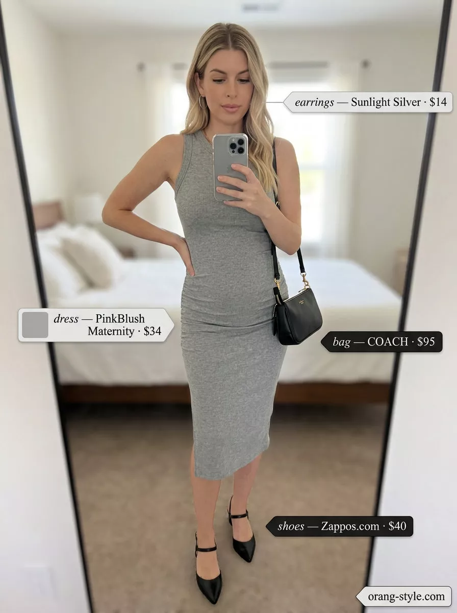 Elegant minimalist summer outfits for women 2026: Soft grey knit midi dress with black pumps and silver earrings.