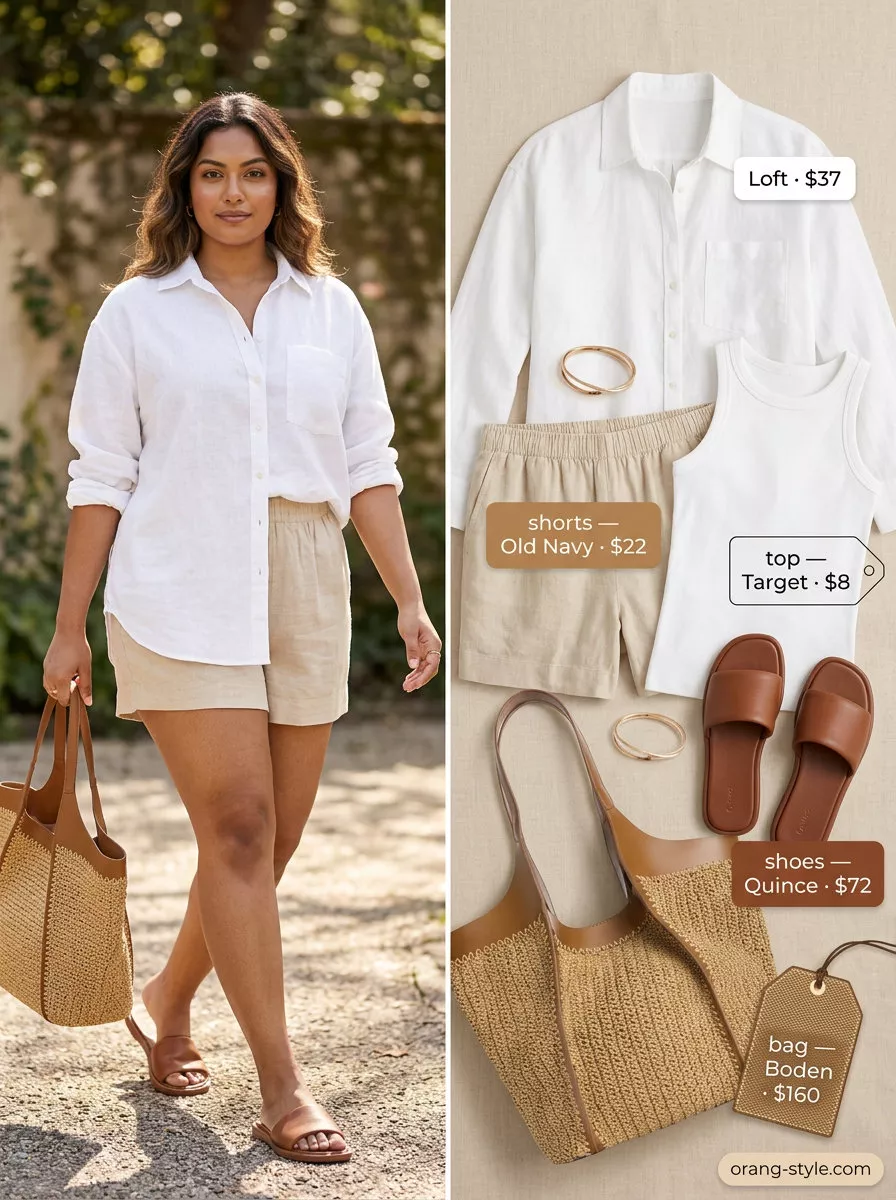 Elegant minimalist summer outfits for women 2026: White linen shirt, tank, and tailored shorts with tan slides for casual chic.
