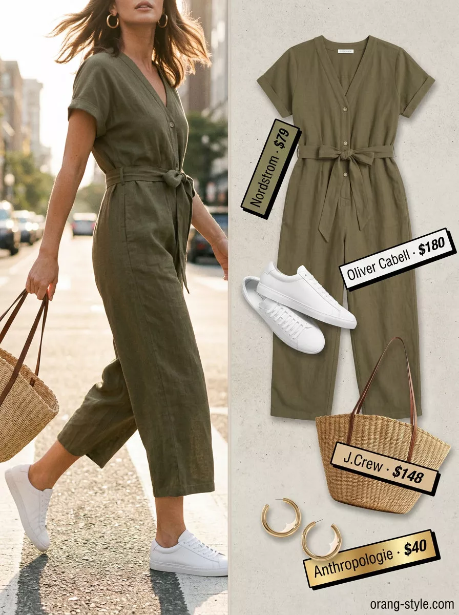 Sophisticated minimalist summer outfit: olive green linen jumpsuit, white sneakers, and gold earrings.