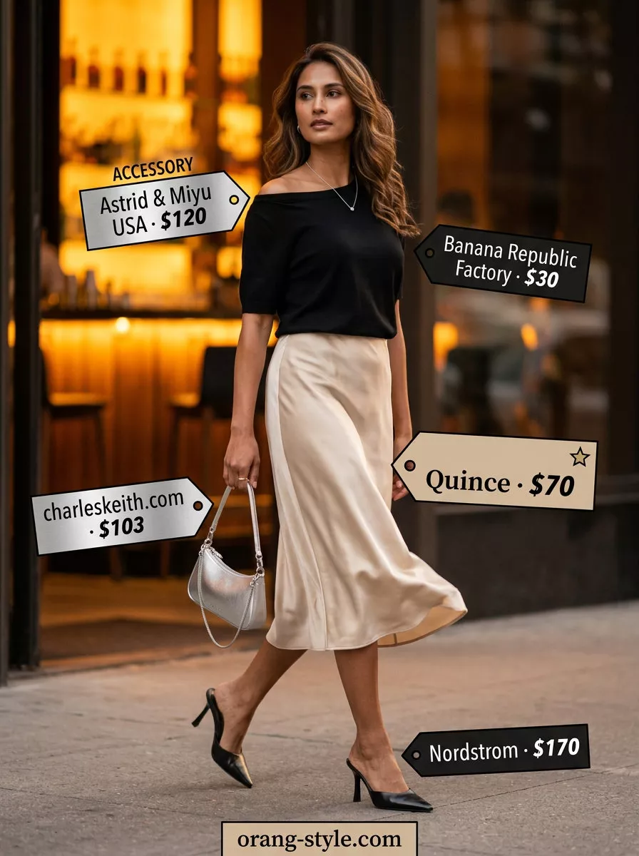 Elegant minimalist summer outfits for women 2026: Champagne satin skirt, black knit top, silver accessories for date night.