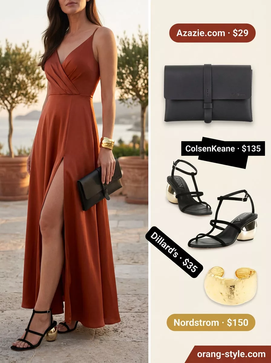 Elegant minimalist summer outfits for women 2026: Terracotta maxi dress with black sandals, gold bracelet, and clutch for evening.