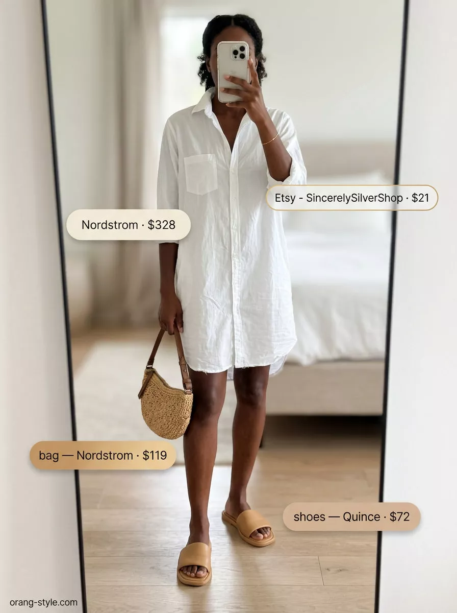 Effortless minimalist summer outfit: white shirt dress, tan sandals, and straw bag for casual day.