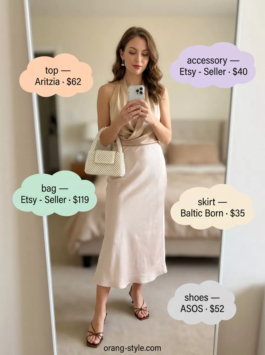 Elegant summer halter top outfits 2026: Champagne silk halter top with satin midi skirt.