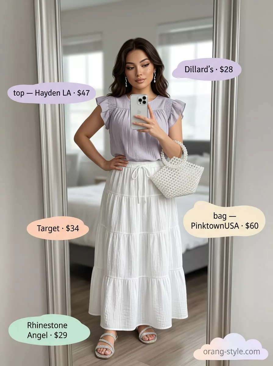 Elegant summer halter top outfits 2026: Lavender tiered halter top with cream maxi skirt for a garden party.