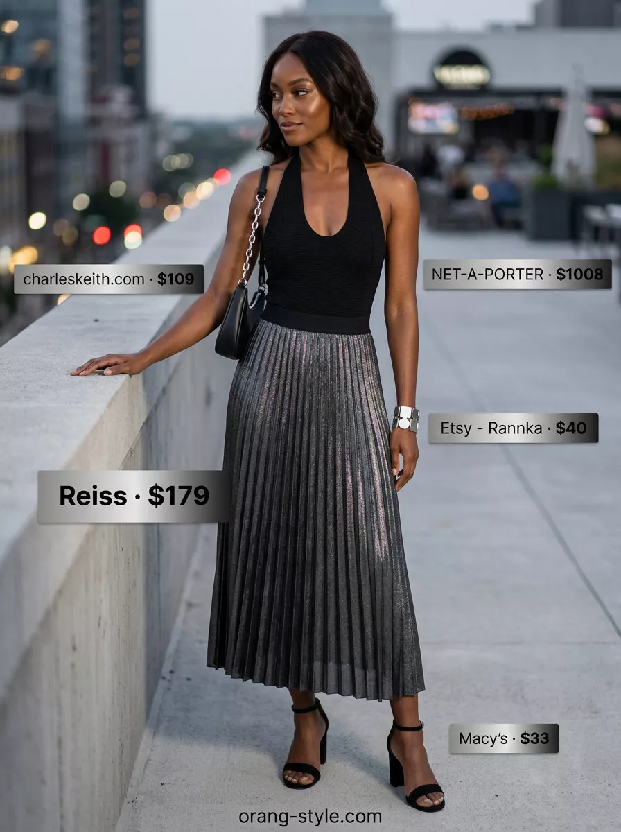 Elegant summer halter top outfits 2026: Black halter bodysuit with metallic pleated skirt for a night out.