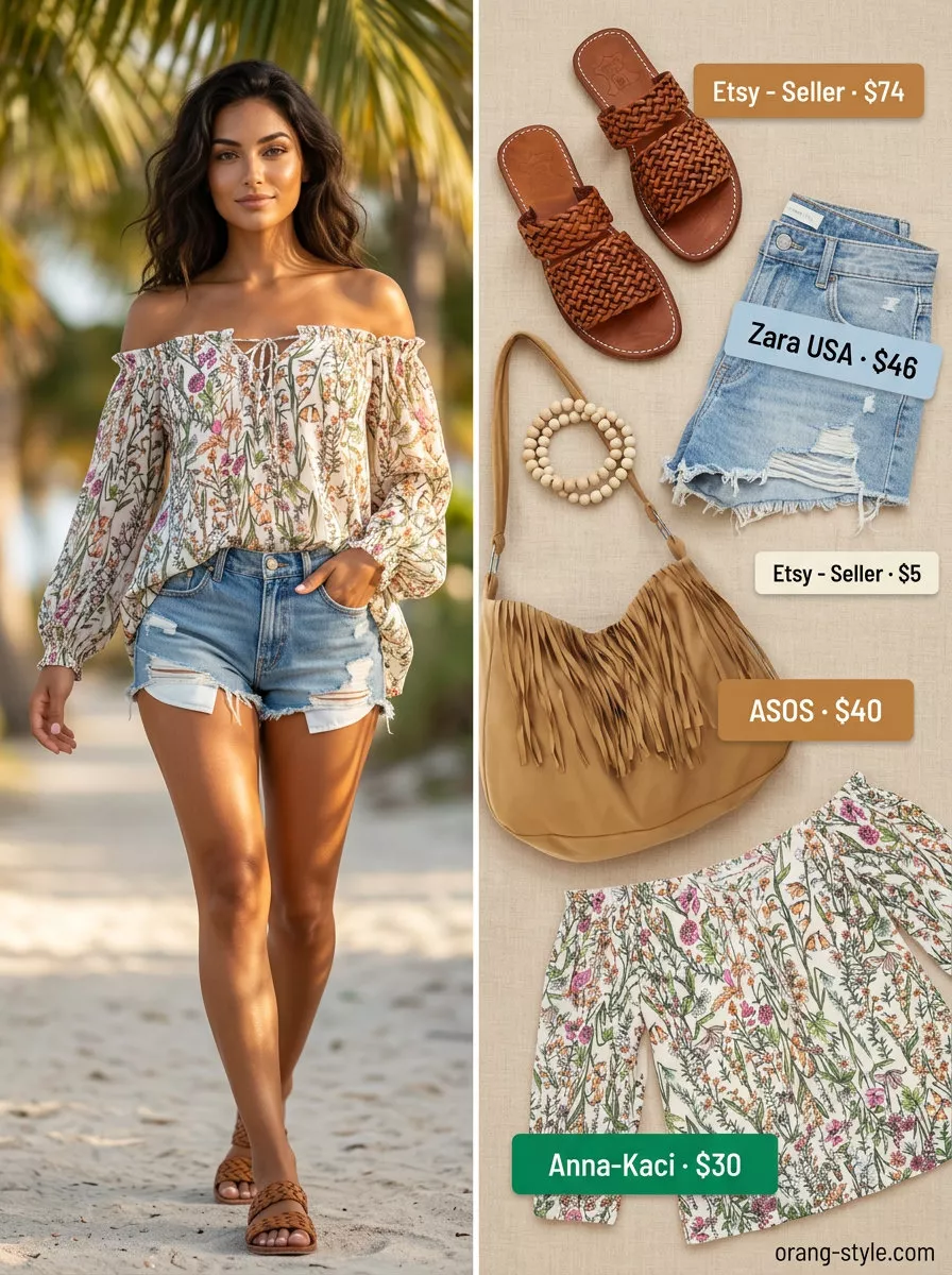 Elegant summer off-shoulder outfits for women 2026: cream floral off-shoulder blouse with distressed denim shorts.