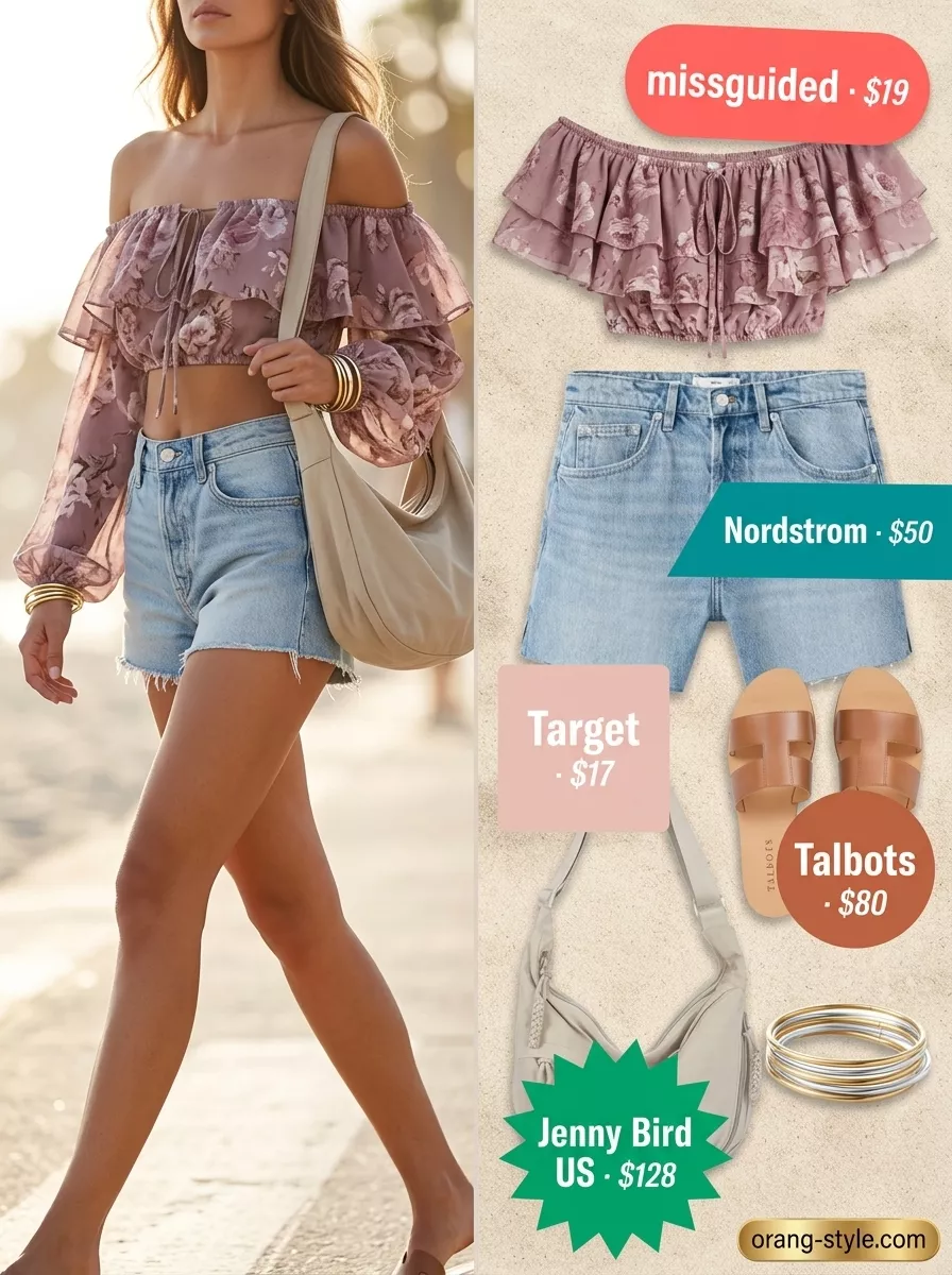 Elegant summer off-shoulder outfits for women 2026: floral print off-shoulder blouse with denim shorts for boho style.