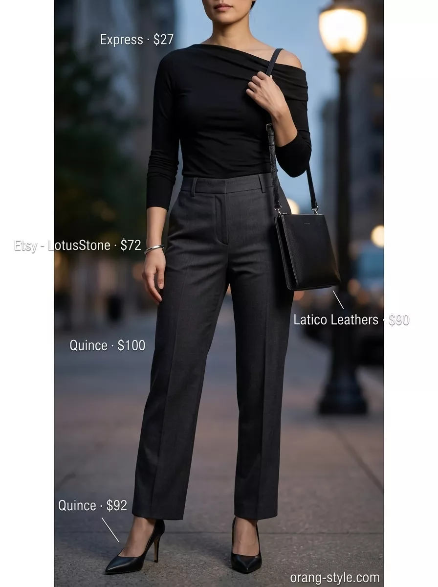 Sophisticated charcoal grey off-shoulder top with tailored trousers for business casual 2026.