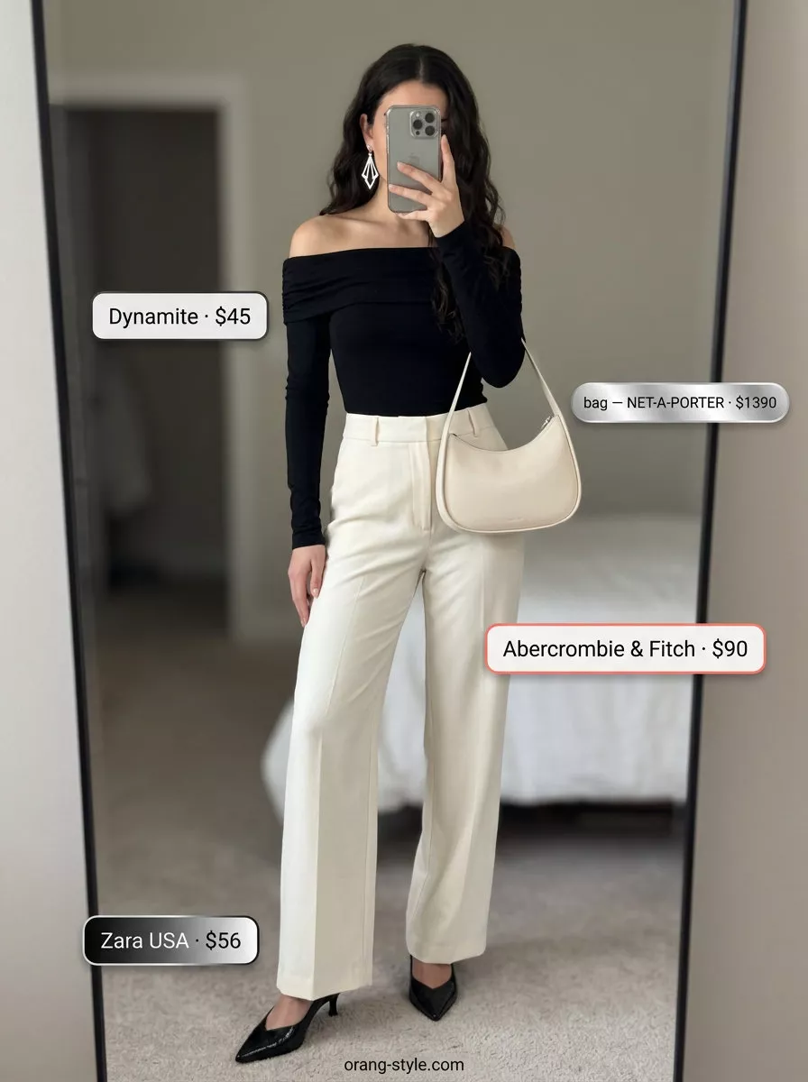 Elegant summer off-shoulder outfits for women 2026: Black off-shoulder top, cream wide-leg pants, and silver earrings for a smart casual meeting.