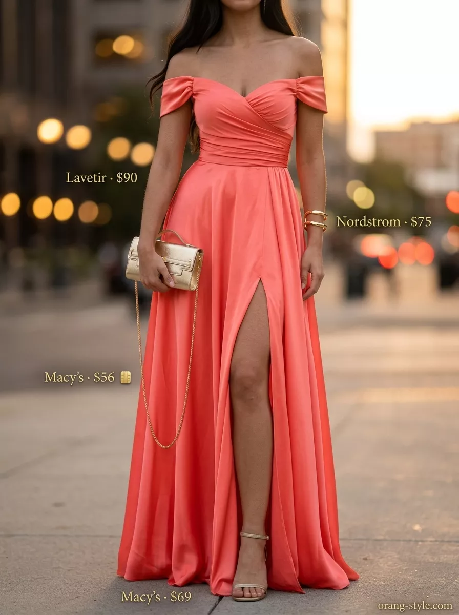 Glamorous coral off-shoulder maxi dress for summer evening events and parties 2026.