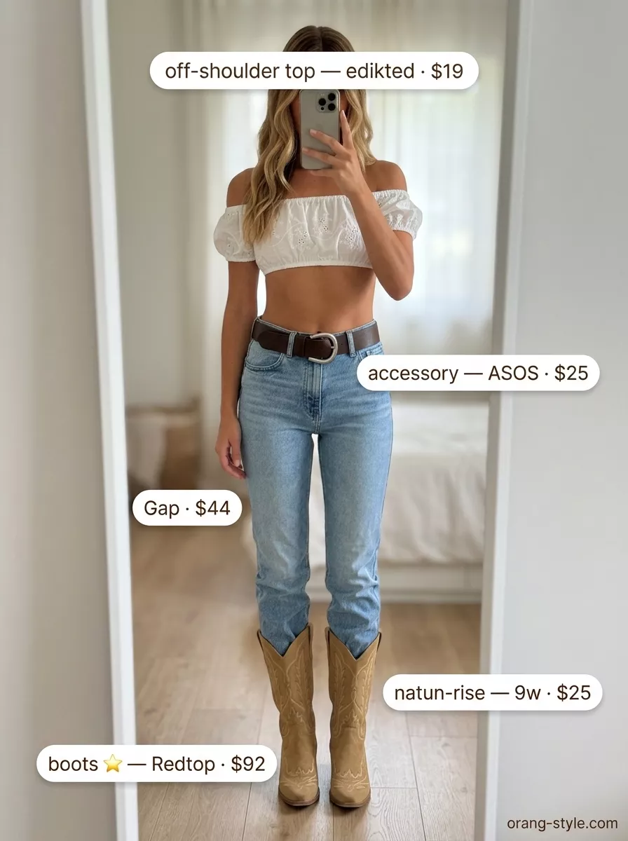 Eclectic cream off-shoulder top with light denim jeans for a playful summer evening look 2026.