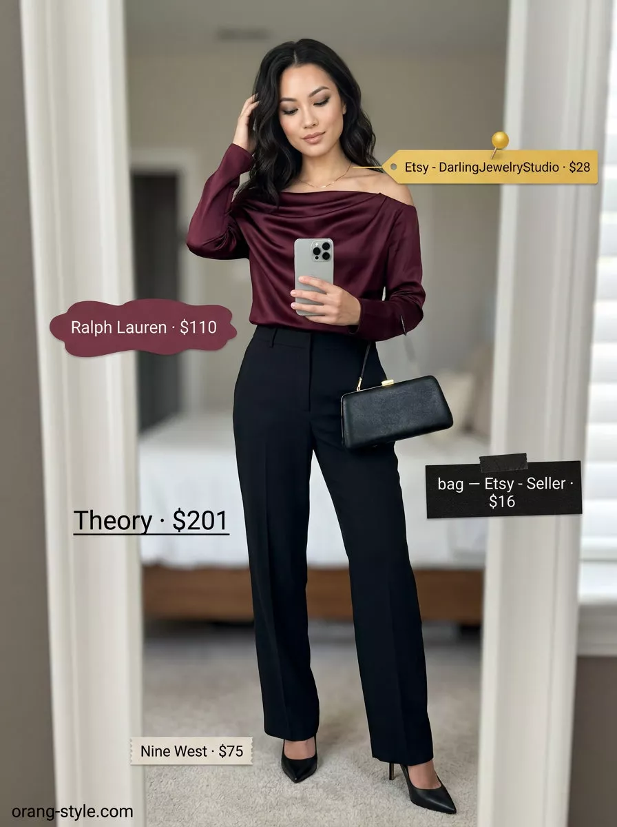 Elegant summer off-shoulder outfits for women 2026: Burgundy cowl neck off-shoulder top with black tailored pants for evening.