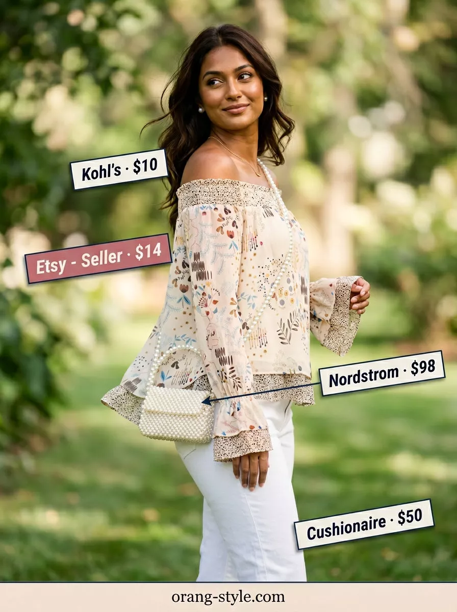 Elegant summer off-shoulder outfits for women 2026: Pastel floral off-shoulder top, blue midi skirt, and block heels for garden party.