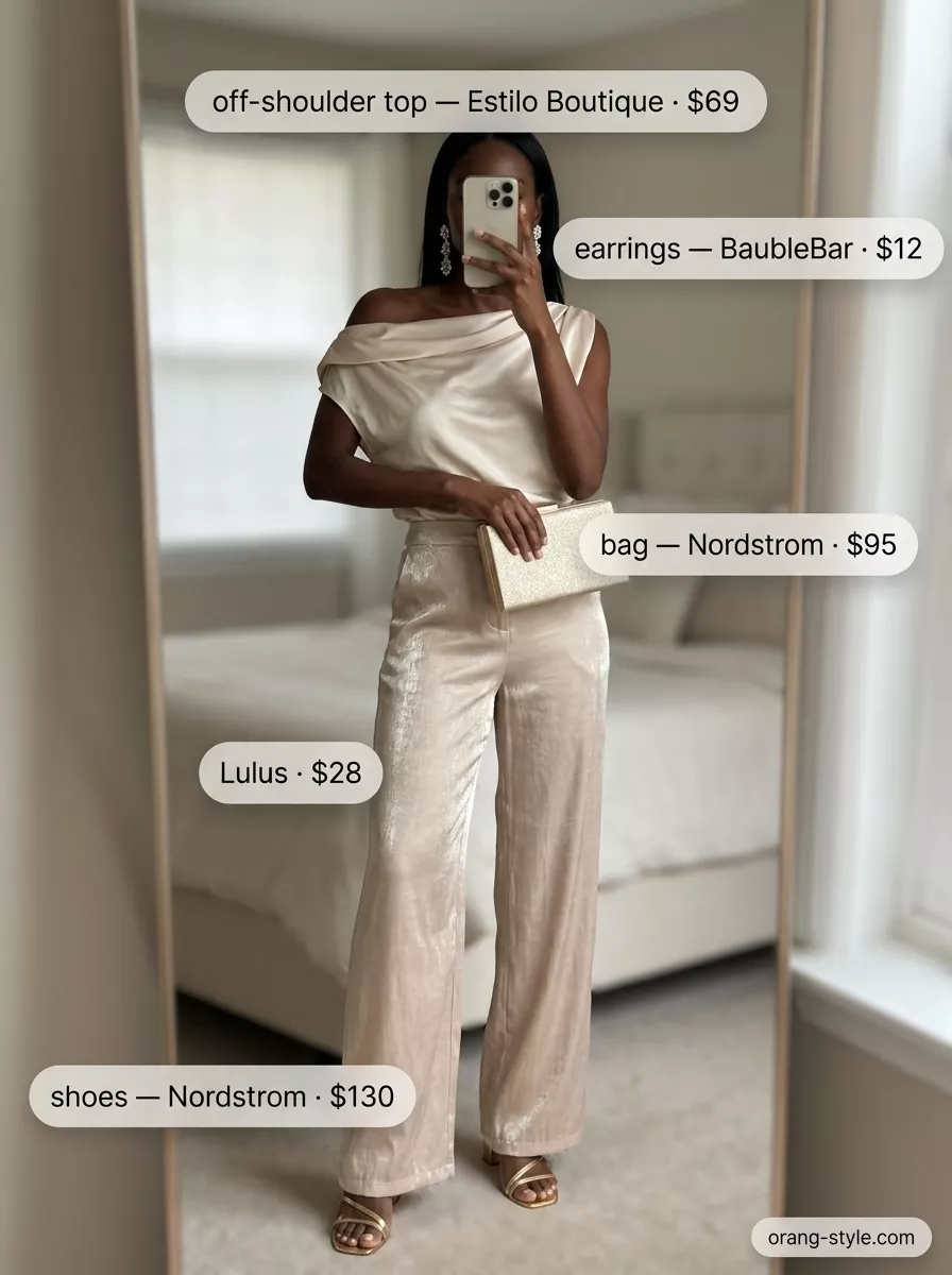 Elegant summer off-shoulder outfits for women 2026: champagne satin off-shoulder top with fluid wide-leg pants.