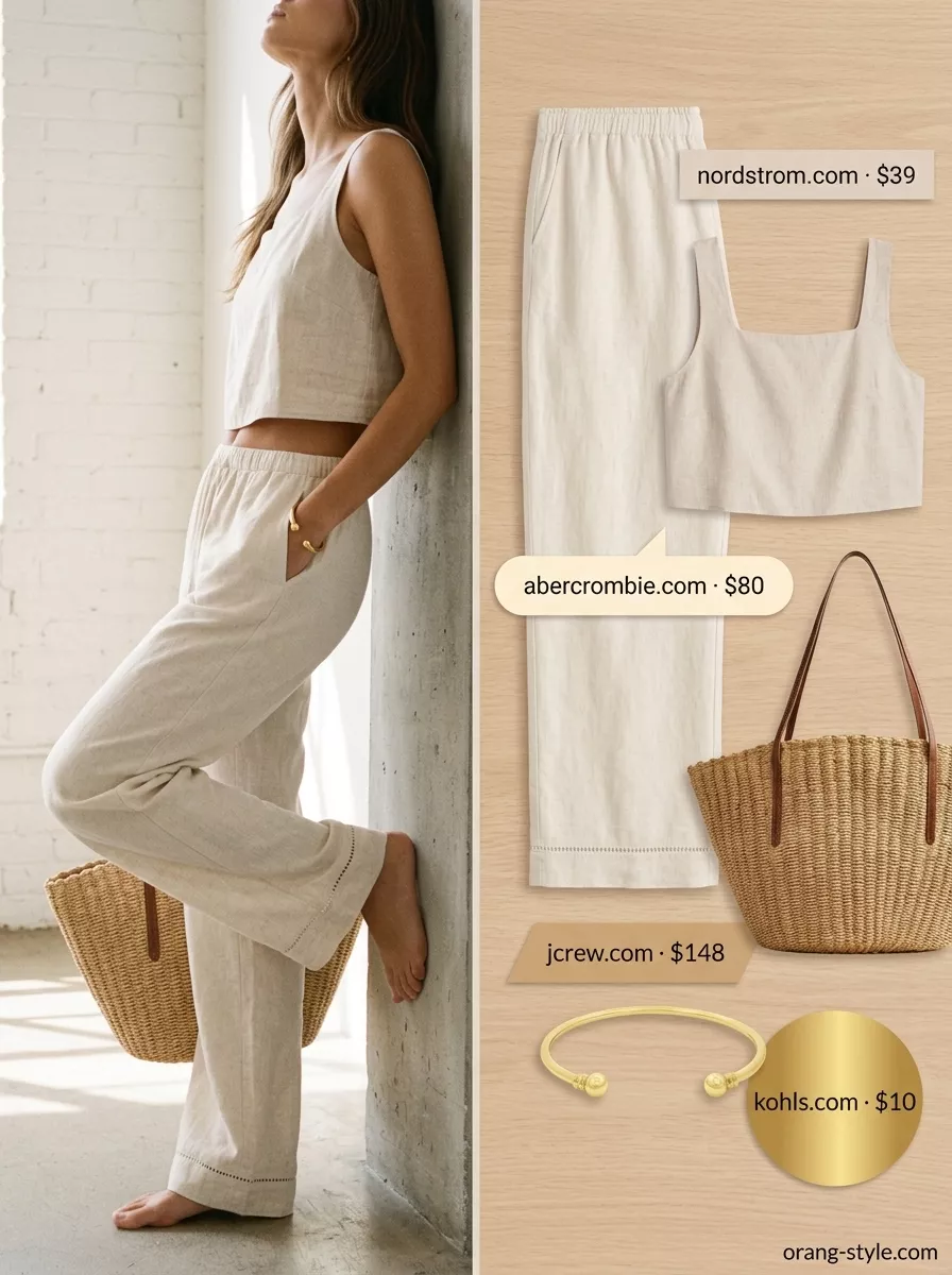 Elegant summer off-shoulder outfits for women 2026: Beige linen off-shoulder top, linen trousers, and straw tote for casual chic.