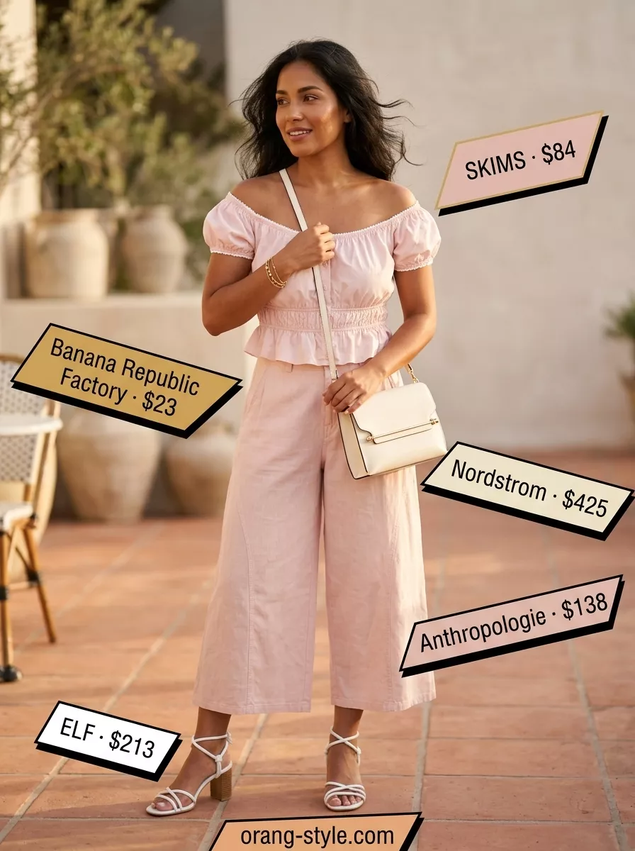 Sophisticated blush pink linen off-shoulder top with culottes for chic daytime events 2026.
