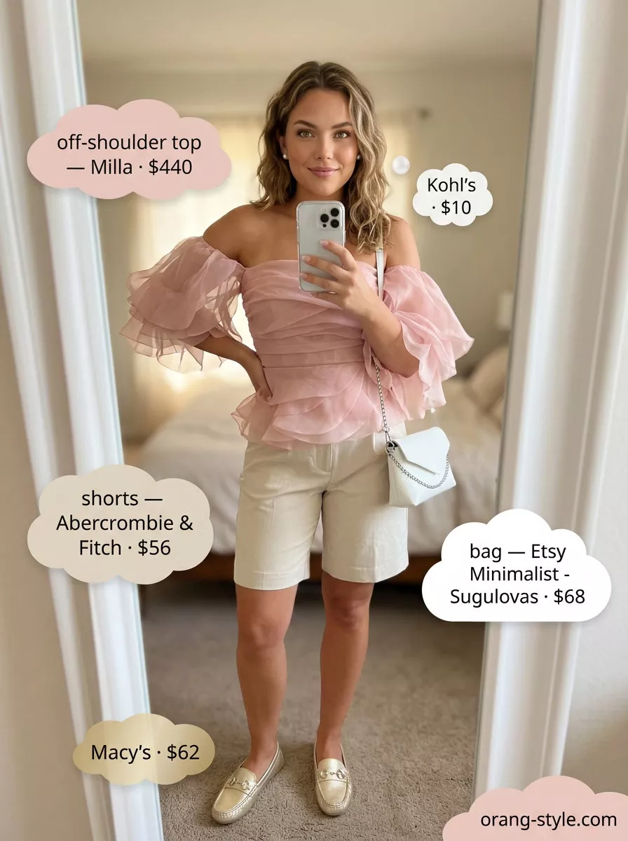 Elegant summer off-shoulder outfits for women 2026: blush pink lace off-shoulder top with beige Bermuda shorts.