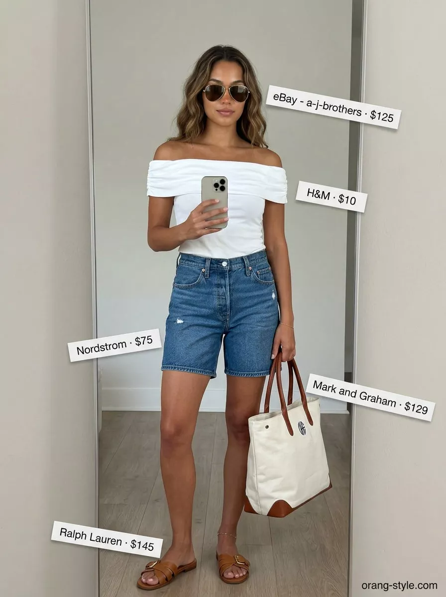 Elegant summer off-shoulder outfits for women 2026: White off-shoulder top, denim shorts, and tan sandals for relaxed Riviera style.