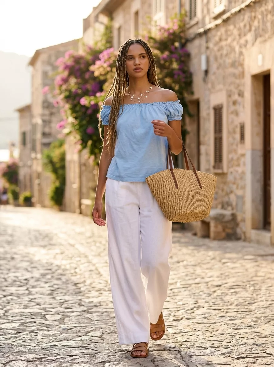 Relaxed sky blue off-shoulder blouse with linen pants for seaside lunches 2026.
