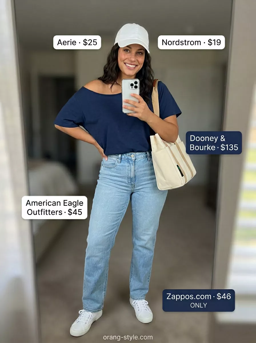 Elegant summer off-shoulder outfits for women 2026: Navy off-shoulder tee, straight-leg jeans, and sneakers for sporty comfort.