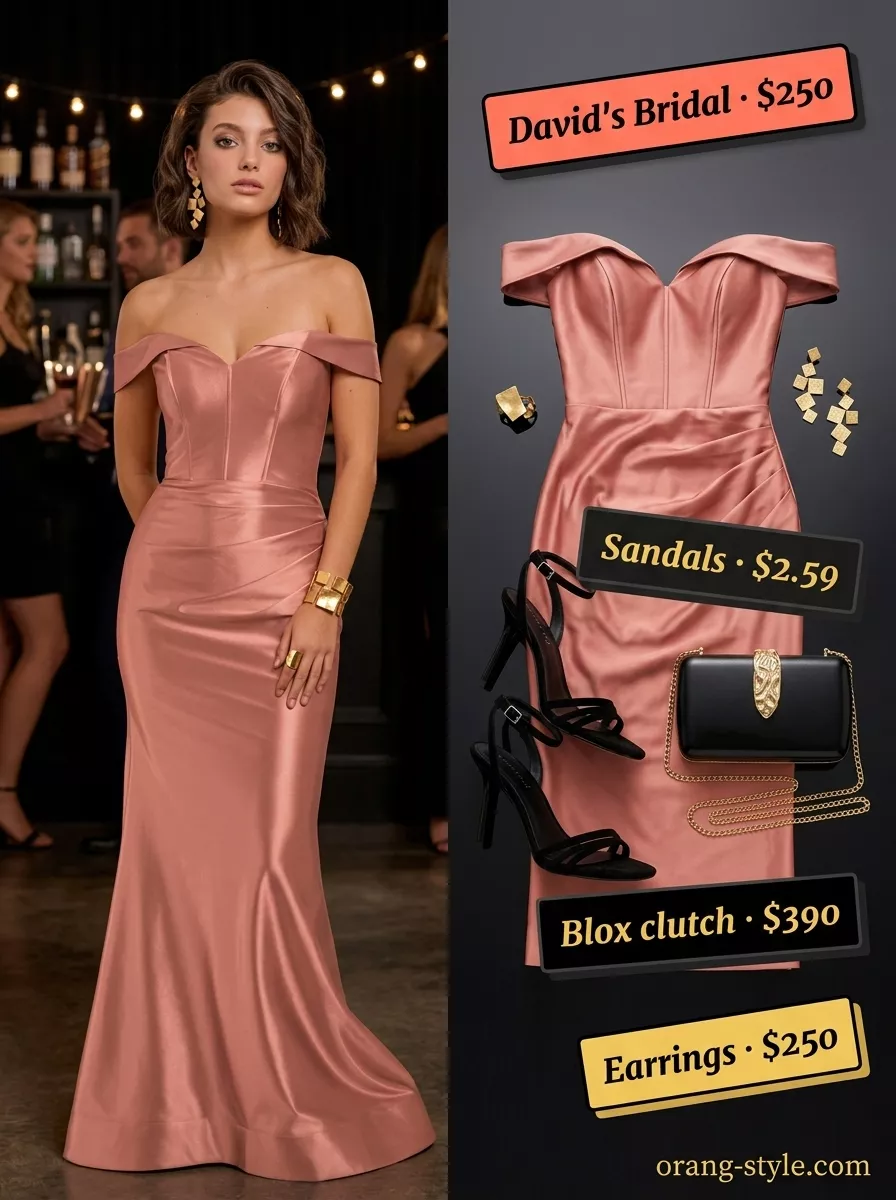 Elegant summer off-shoulder outfits for women 2026: Coral satin slip dress with black heels and gold earrings for date night.