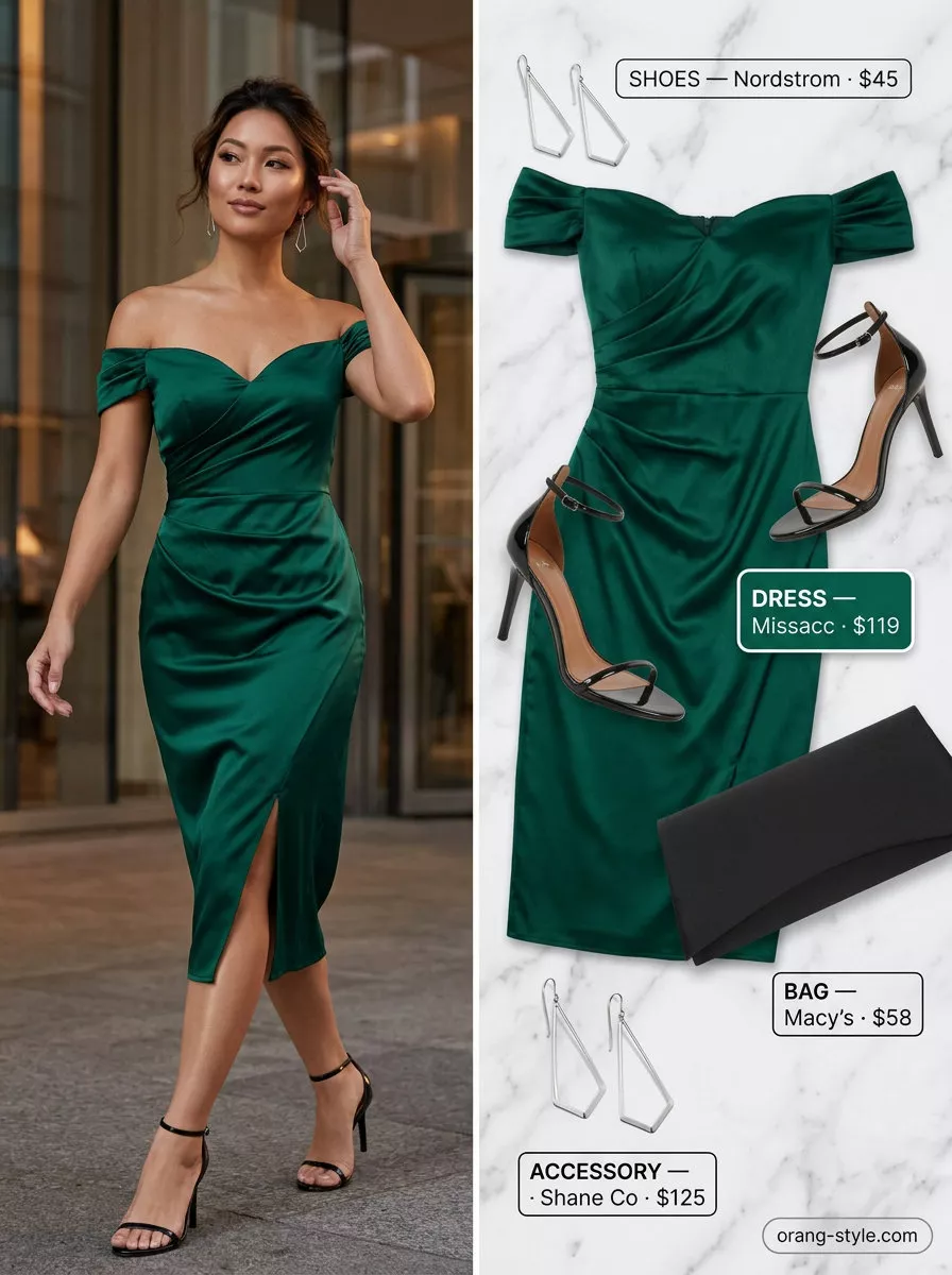 Elegant summer off-shoulder outfits for women 2026: emerald green satin off-shoulder midi dress for cocktail parties.