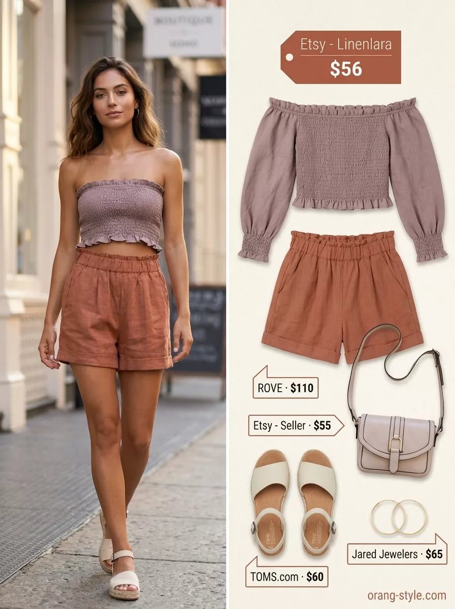 Chic terracotta linen off-shoulder crop top with matching shorts for daytime events 2026.