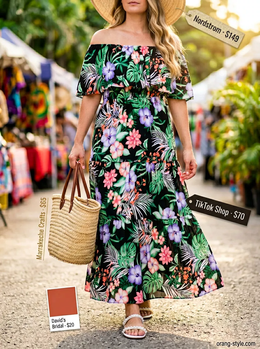 Vibrant tropical print off-shoulder maxi dress for vacation and summer parties 2026.