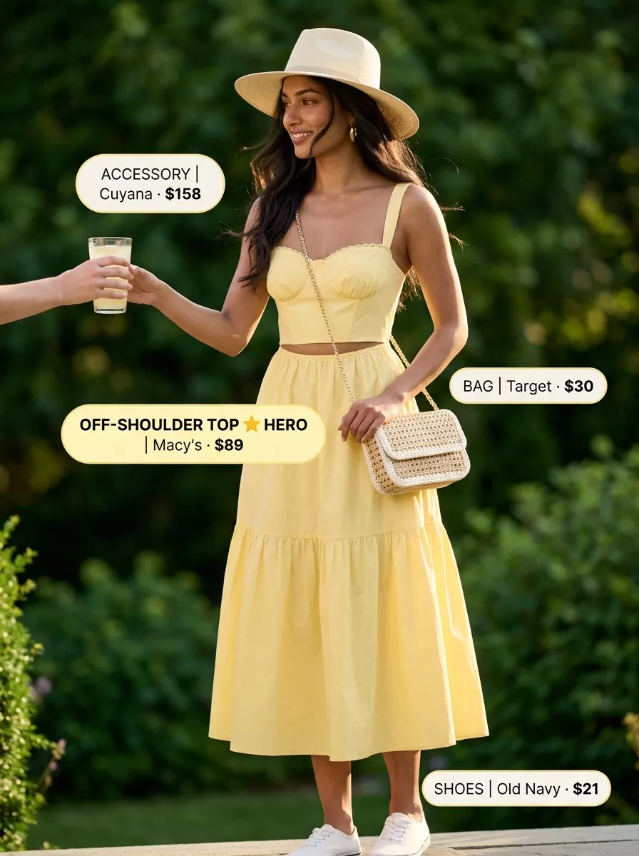 Sweet pastel yellow off-shoulder sundress for garden parties and summer dates 2026.