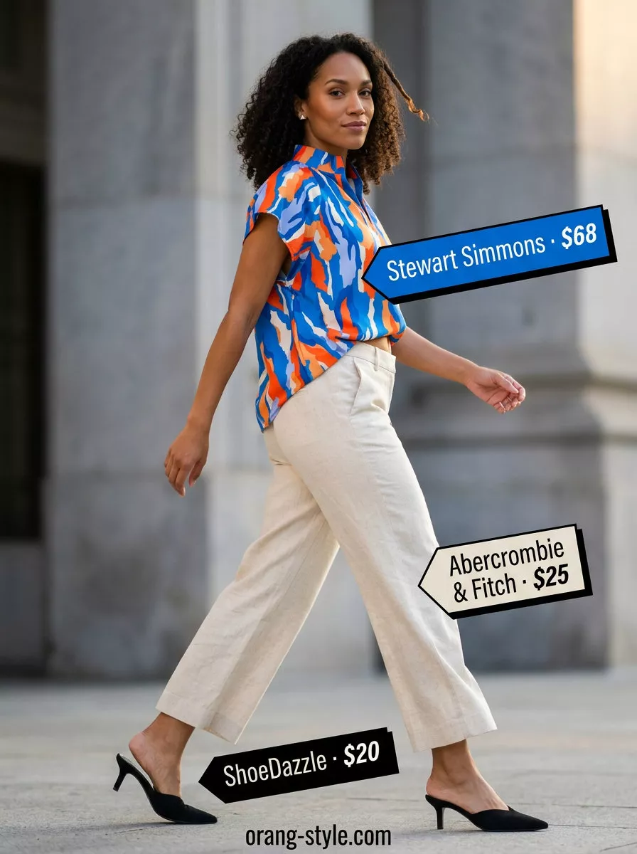 Artful summer outfit: cream culottes, multicolor abstract blouse, black mules, and silver stud earrings.