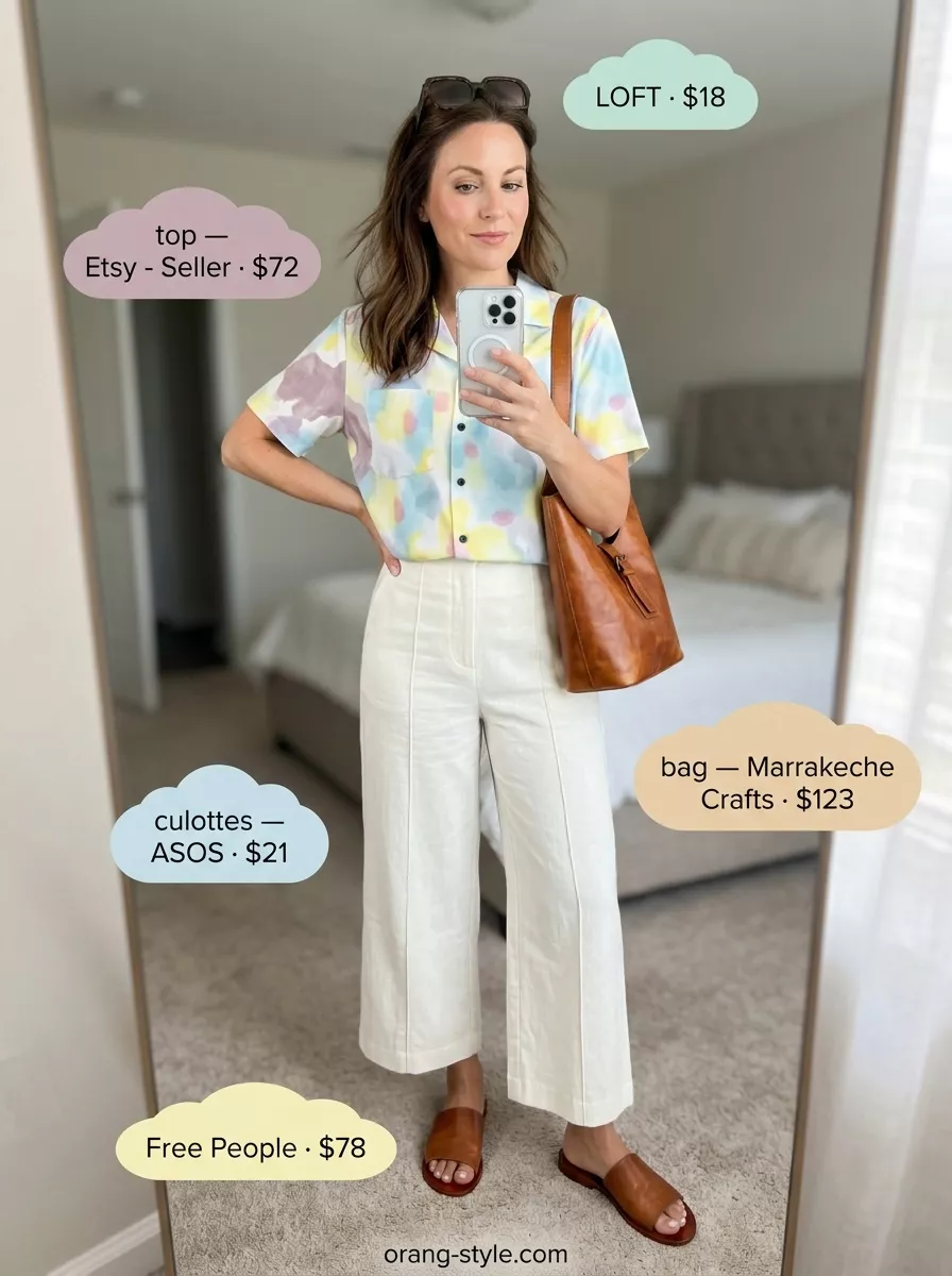 Artful summer outfit with ivory tailored culottes, abstract print shirt, and tan leather accessories.