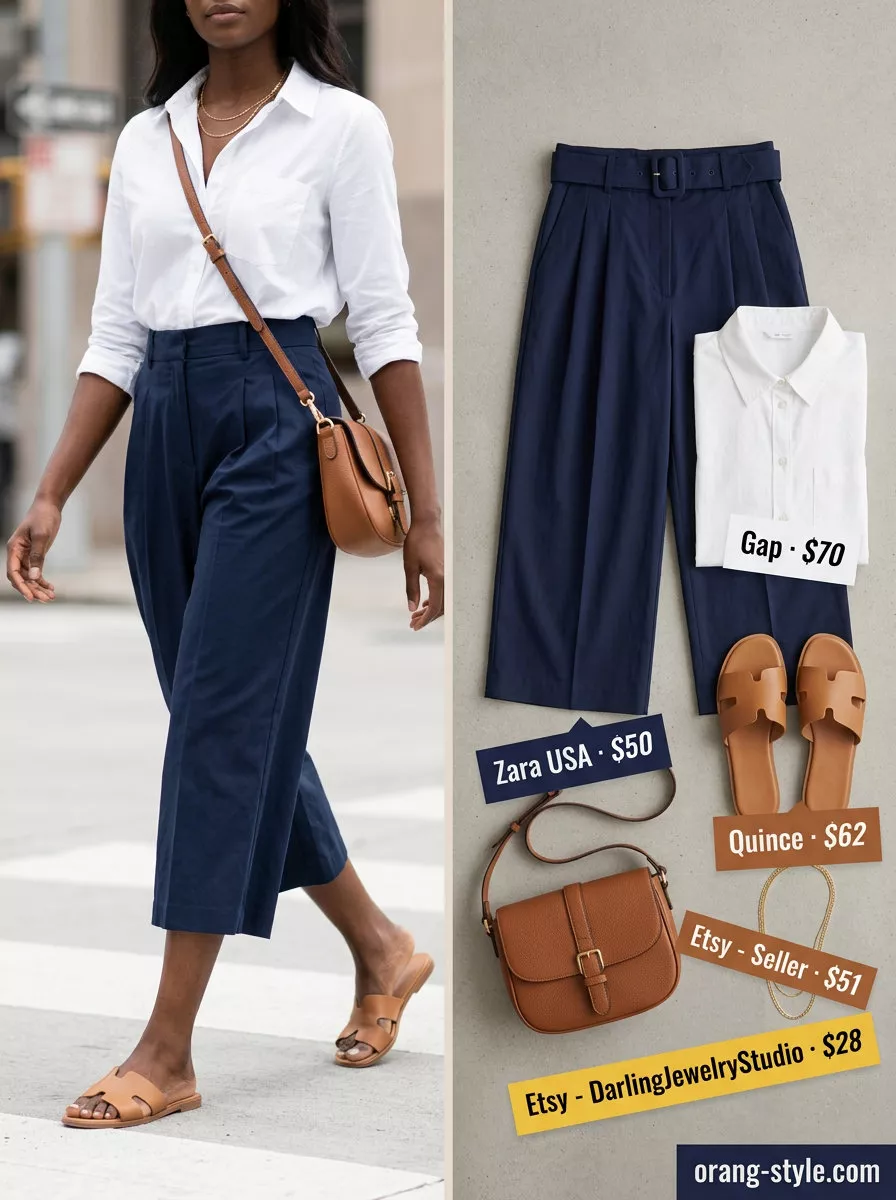 Chic city outfit: navy tailored culottes, crisp white button-down shirt, tan leather crossbody bag & sandals.